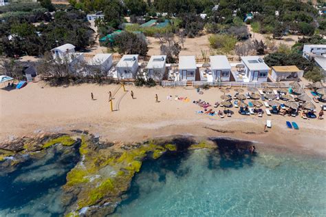Aerial picture of the greek coast between Santa Maria Beach and turquoise Mediterranean Sea ...