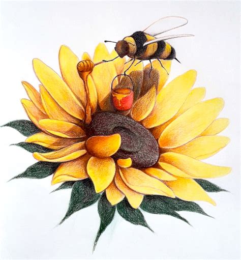 Bee Painting Sunflower Drawing by Amani Warrington - Pixels