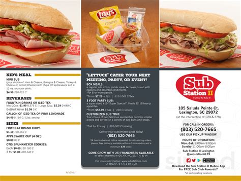 Sub Station II menu in Lexington, South Carolina, USA