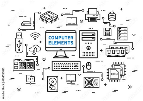 Computer desktop elements vector illustration. Desktop components (motherboard, usb card, cpu ...