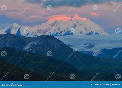 Sunrise View of Mount Denali - Mt Mckinley Peak with Red Alpenglow from ...