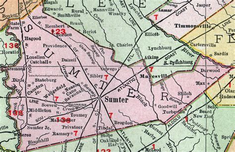 Sumter County, South Carolina, 1911, Map, Rand McNally, City of Sumter, Mayesville, Oswego ...