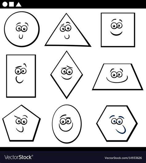 Black and White Cartoon Illustration of Educational Basic Geometric Shapes Funny Characters for ...