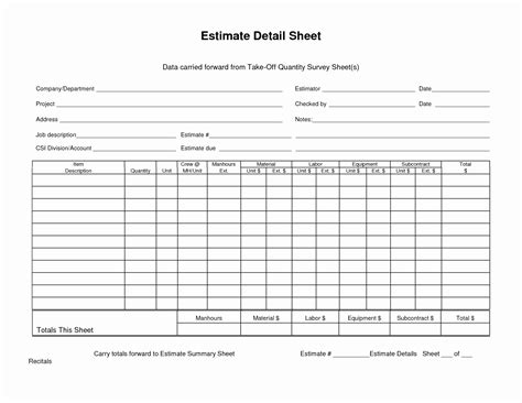 Free Take Off Sheet Template Excel