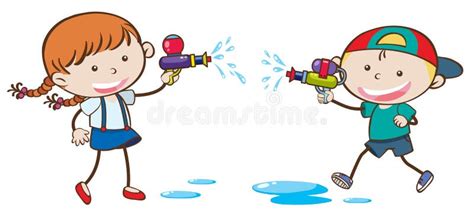 Doodle Kids Playing Water Gun Stock Vector - Illustration of clipart ...