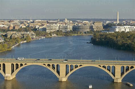 USA, Washington, D.C., Aerial photograph of Potomac River and Key Bridge stock photo