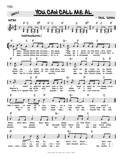 You Can Call Me Al by Paul Simon Sheet Music for Real Book – Melody, Lyrics & Chords at Sheet ...