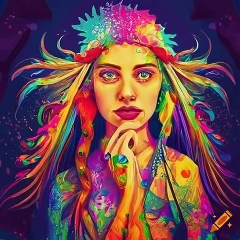 Colorful poster art of hippie elves on Craiyon