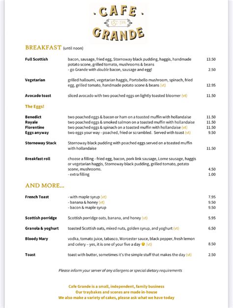 Cafe Grande Edinburgh's full menu online