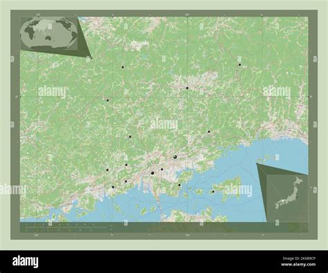 Okayama, prefecture of Japan. Open Street Map. Locations of major ...