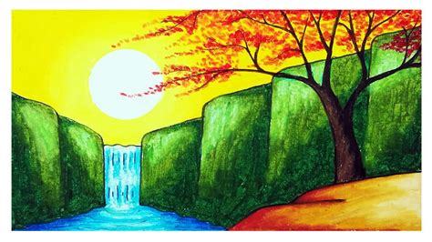 How To Draw Beautiful Waterfall And Sunset Scenery | Draw Easy Scenery ...