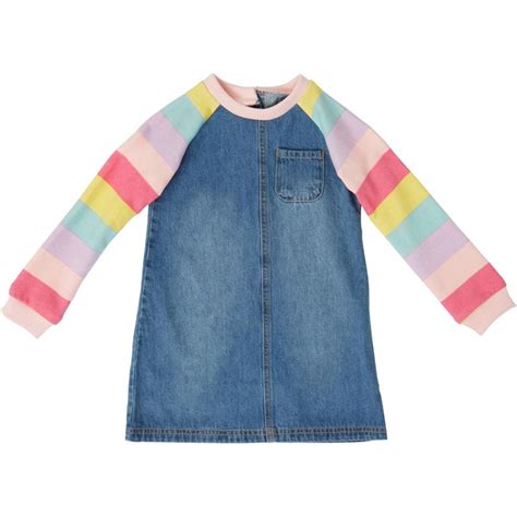 Buy MINOTI Girls Denim Dress With Striped Fleece Sleeves Multi