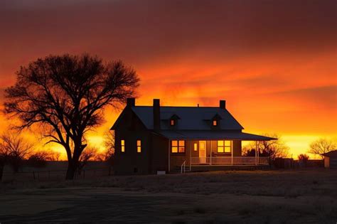 Premium AI Image | Ranch house with sunset view silhouetting the house against a fiery sky