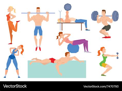 Cartoon sport gym people group exercise on fitness