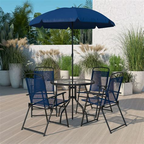 Flash Furniture 6 Piece Navy Patio Garden Set with Umbrella Table and Set of 4 Folding Chairs ...