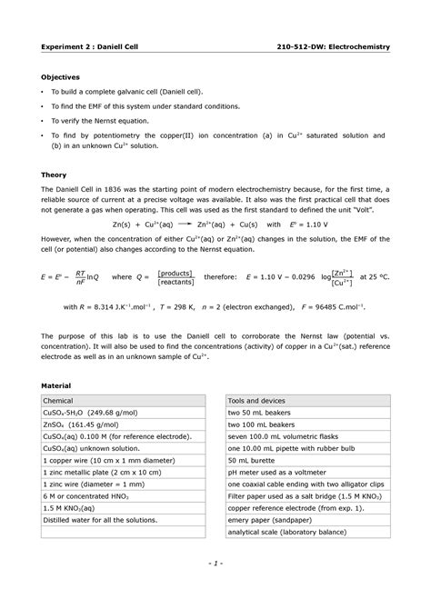 2-Daniell cell - Experiment 2 : Daniell Cell 210-512-DW: Electrochemistry Objectives To build a ...