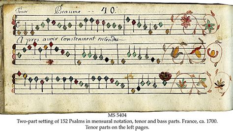 Two-part setting of 152 psalms in color-coded mensural notation, tenor and bass parts - France ...