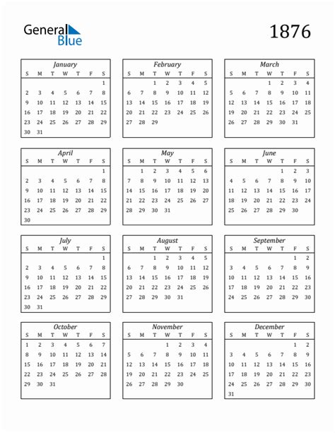 Free 1876 Calendars in PDF, Word, Excel