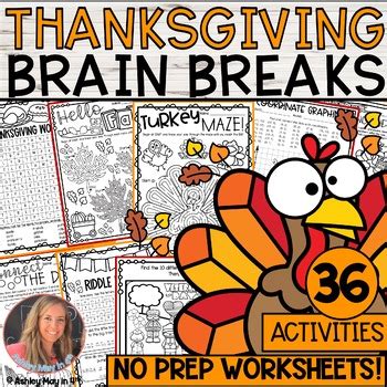 Thanksgiving Brain Break Activities and NO PREP Fall Worksheets for ...