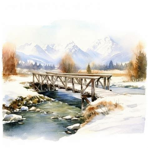 Premium AI Image | Painting of a bridge over a stream with mountains in ...