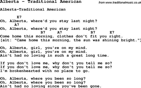 Song Alberta by Traditional American, song lyric for vocal performance ...