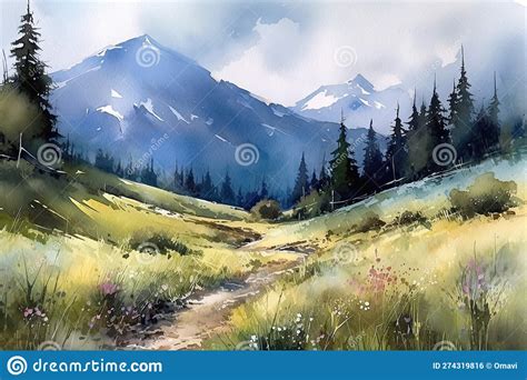 Landscape Mountain in Watercolor Painting Style. Illustration ...