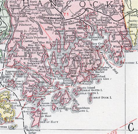 Hancock County, Maine, 1912, map, Ellsworth, Bar Harbor, Bucksport, Hancock, Blue Hill, Orland ...