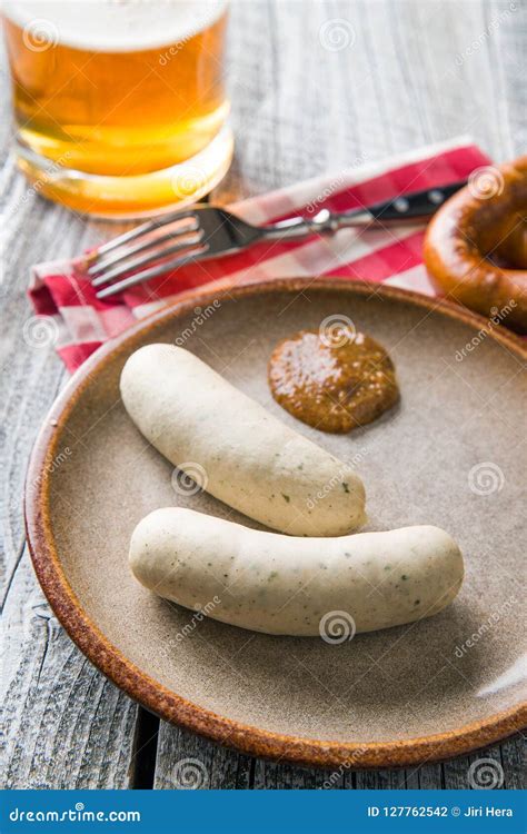 The Bavarian Weisswurst, Pretzel and Mustard. Stock Photo - Image of meal, cuisine: 127762542