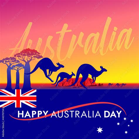 Vector illustration Happy Australia Day bright symbols of the history ...