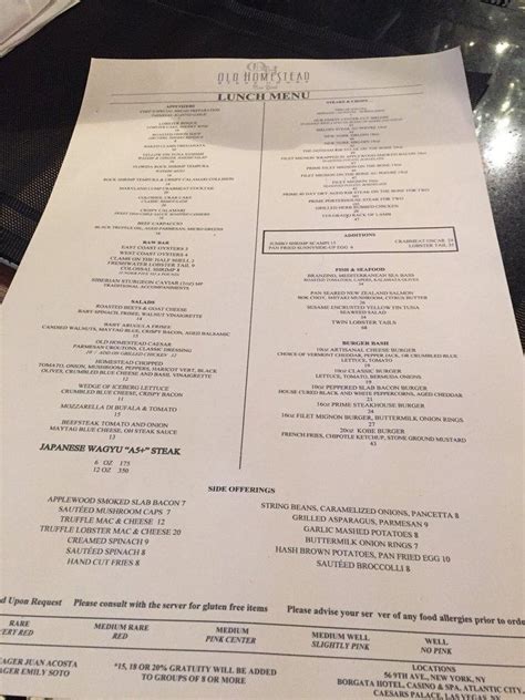 Menu at Old Homestead Steakhouse, New York City