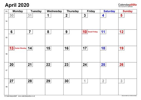 Calendar April 2020 UK with Excel, Word and PDF templates