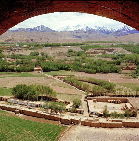 Afghanistan, Bamian Valley. The view from the top of the large Buddha includes the Hindu Kush ...