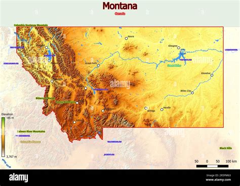 Physical map of Montana shows landform features such as mountains, hills, plains, bridges ...