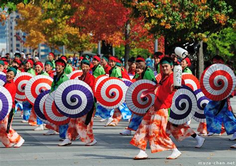 Yosakoi dance team with colorful umbrellas