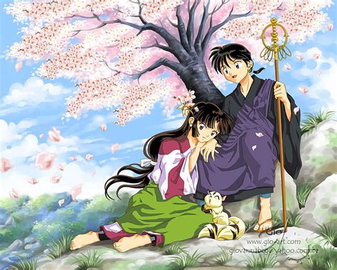 Sango & Miroku, miroku, kirara, sexy, cherry blossoms, cute, boy, girl ...