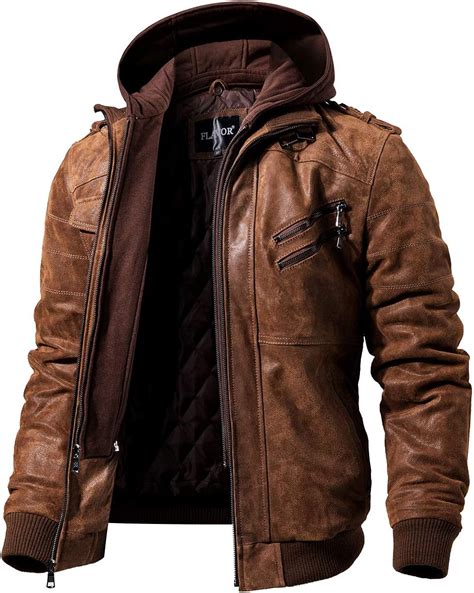 FLAVOR Men's Real Leather Jacket with Removable Hood Brown Genuine ...