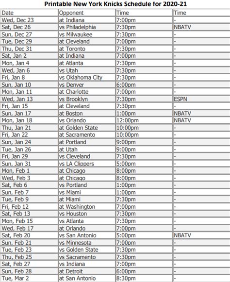 Printable New York Knicks schedule, free NYK TV schedule for 2020-21 ...