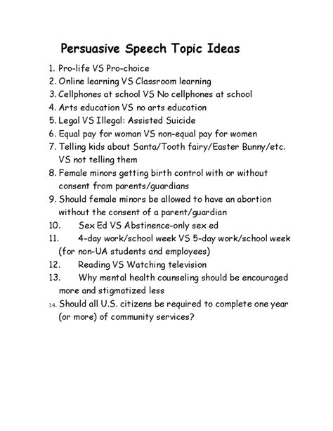 Persuasive Speech Topics - VS 2. Online learning VS Classroom learning 3. Cellphones at school ...