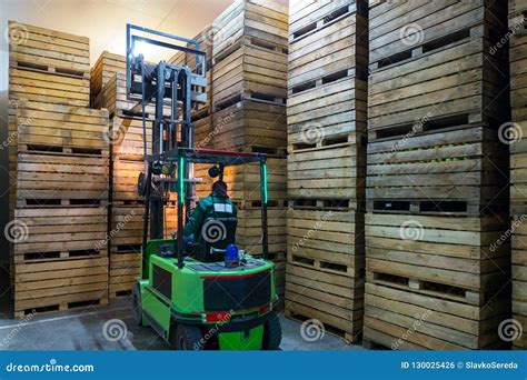 The Employee on the Electric Forklift Carry the Container Wiht R Stock ...