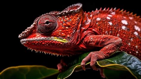 Premium Photo | A red chameleon is sitting on a branch.