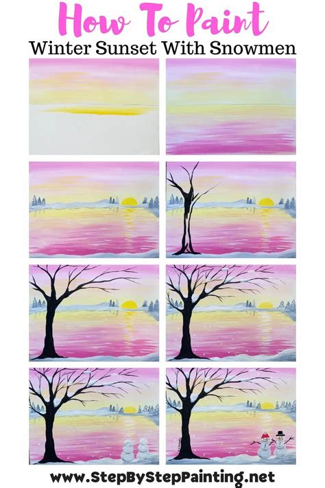 how to paint winter sunset with snowmen and trees in different stages of the day