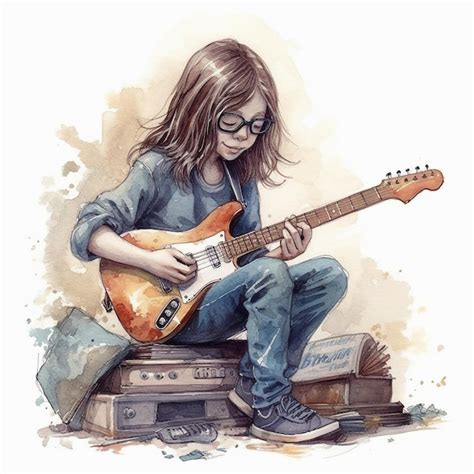 Premium Vector | Boy playing electric guitar watercolor