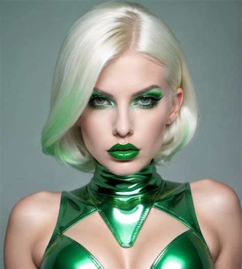 Platinum blonde bimbo in metallic green latex metal...