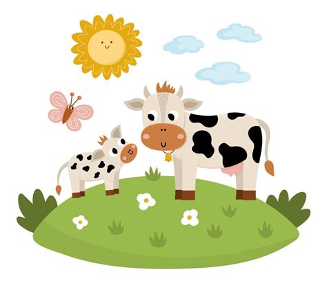 Vector cow with baby on a lawn under the sun. Cute cartoon family scene ...