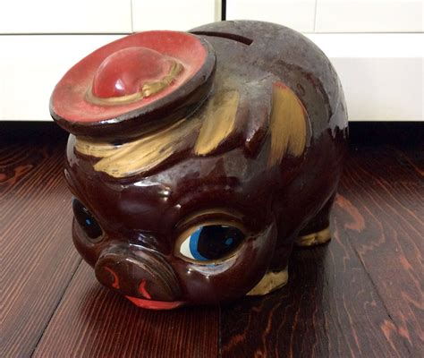 Vintage Big Eyed Ceramic Piggy Bank, Ceramic Pig Wearing Hat, Cute ...