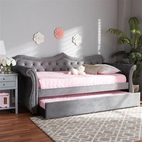 Baxton Studio Abbie Twin Size Gray Velvet Crystal Tufted Daybed with Trundle | Homesquare