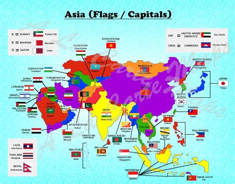 Digital Map of All Asian Countries With Their Flags and Their Capital ...