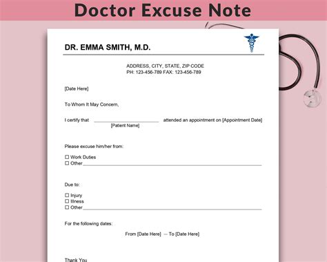 Editable Doctor Excuse Template, School Excuse Note, Printable Doctor Excuse for Work, Medical ...