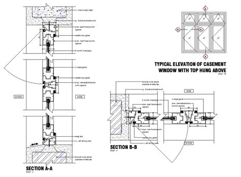 Aluminum frame casement window elevation and section layout file - Cadbull