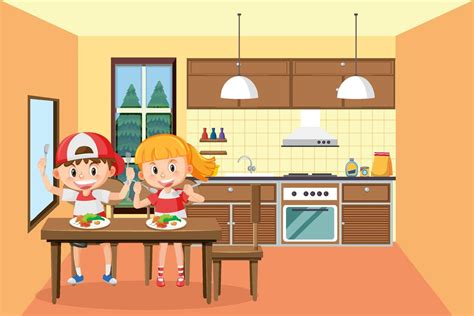 Children having meal in kitchen 8619269 Vector Art at Vecteezy